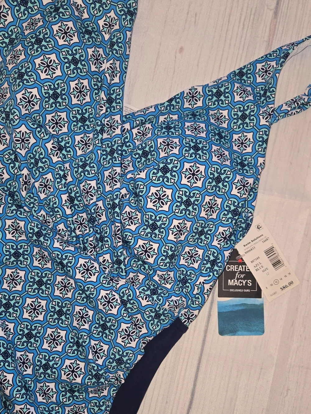 SWIM SOLUTIONS Blue Tile-Print One-Piece Swimsuit Tummy Control Bust Support NWT - Picture 2 of 6
